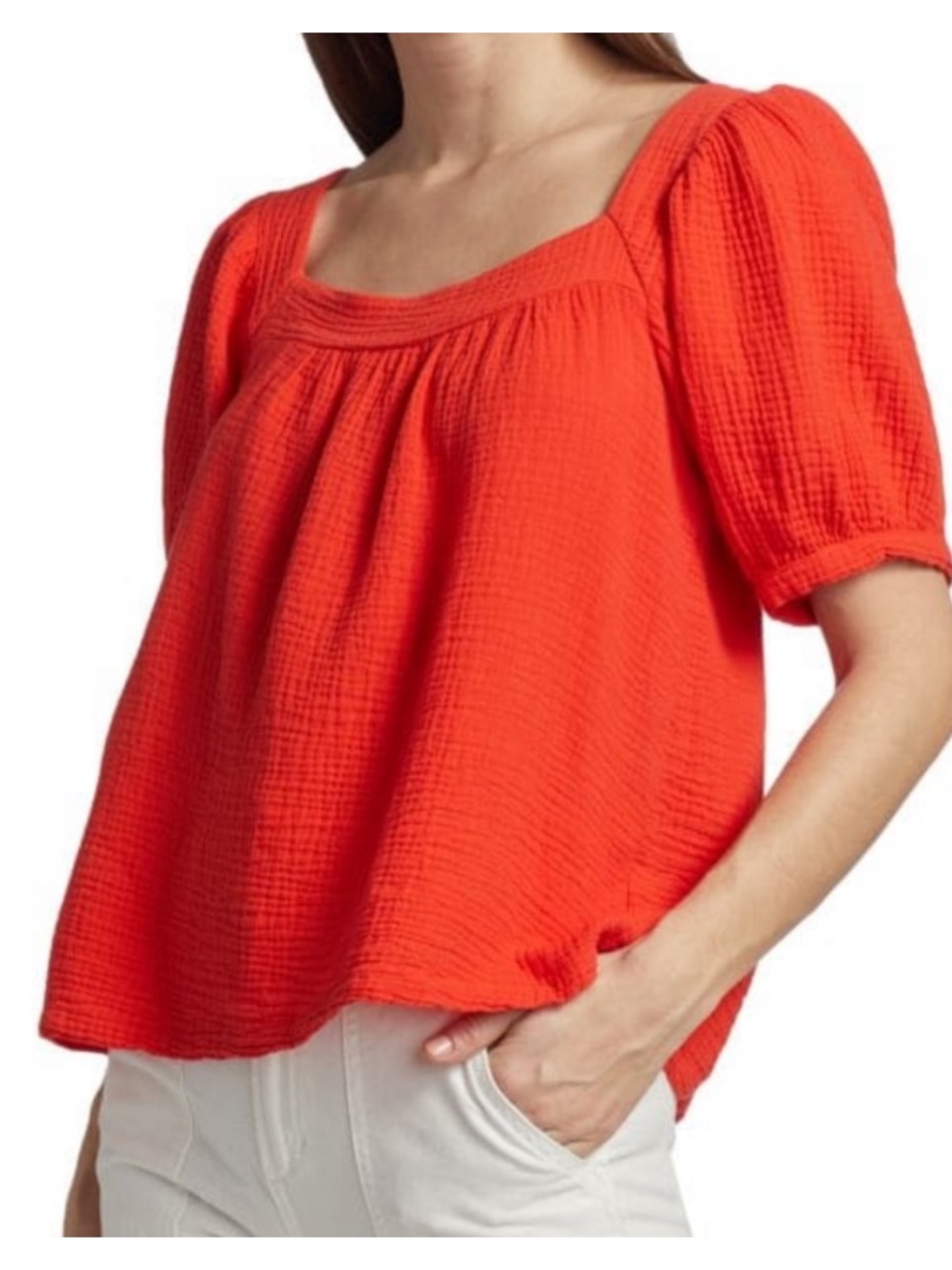 Honorine Francesca Cotton Gauze Puff Sleeve Square Neck Top Red Size Small Boho